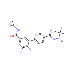 Cc1c(F)cc(C(=O)NC2CC2)cc1-c1ccc(C(=O)N[C@@H](C)C(C)(C)C)cn1 ZINC000071296093