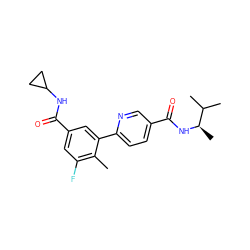 Cc1c(F)cc(C(=O)NC2CC2)cc1-c1ccc(C(=O)N[C@H](C)C(C)C)cn1 ZINC000071280955