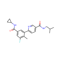 Cc1c(F)cc(C(=O)NC2CC2)cc1-c1ccc(C(=O)NCC(C)C)cn1 ZINC000071295796