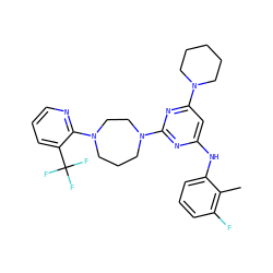 Cc1c(F)cccc1Nc1cc(N2CCCCC2)nc(N2CCCN(c3ncccc3C(F)(F)F)CC2)n1 ZINC000073161455