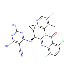 Cc1c(F)cncc1-n1c([C@@H](Nc2nc(N)nc(N)c2C#N)C2CC2)nc2c(F)ccc(Cl)c2c1=O ZINC000220863549