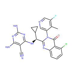 Cc1c(F)cncc1-n1c([C@@H](Nc2nc(N)nc(N)c2C#N)C2CC2)nc2cccc(Cl)c2c1=O ZINC000220865096