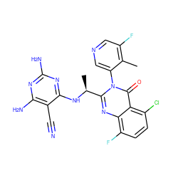 Cc1c(F)cncc1-n1c([C@H](C)Nc2nc(N)nc(N)c2C#N)nc2c(F)ccc(Cl)c2c1=O ZINC000220865269