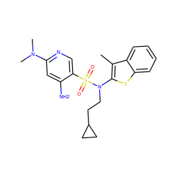 Cc1c(N(CCC2CC2)S(=O)(=O)c2cnc(N(C)C)cc2N)sc2ccccc12 ZINC001772593780