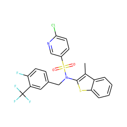 Cc1c(N(Cc2ccc(F)c(C(F)(F)F)c2)S(=O)(=O)c2ccc(Cl)nc2)sc2ccccc12 ZINC000115232795