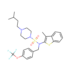 Cc1c(N(Cc2ccc(OC(F)(F)F)cc2)S(=O)(=O)N2CCN(CCC(C)C)CC2)sc2ccccc12 ZINC000139302587