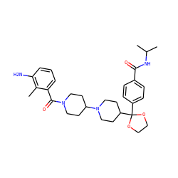 Cc1c(N)cccc1C(=O)N1CCC(N2CCC(C3(c4ccc(C(=O)NC(C)C)cc4)OCCO3)CC2)CC1 ZINC000029477680