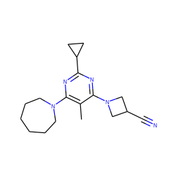 Cc1c(N2CCCCCC2)nc(C2CC2)nc1N1CC(C#N)C1 ZINC000084394954