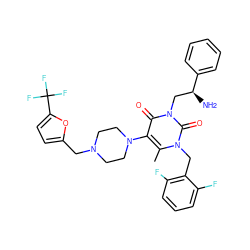 Cc1c(N2CCN(Cc3ccc(C(F)(F)F)o3)CC2)c(=O)n(C[C@H](N)c2ccccc2)c(=O)n1Cc1c(F)cccc1F ZINC000198486520