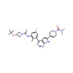 Cc1c(NC(=O)N2CC(OC(C)(C)C)C2)cc(F)cc1-c1ncnc2[nH]c(C3=CCN(C(=O)N(C)C)CC3)cc12 ZINC000142965411