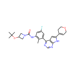 Cc1c(NC(=O)N2CC(OC(C)(C)C)C2)cc(F)cc1-c1ncnc2[nH]c(C3=CCOCC3)cc12 ZINC000143197116