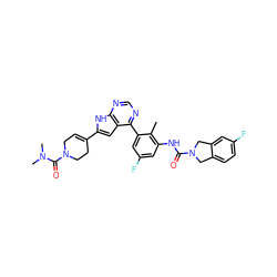 Cc1c(NC(=O)N2Cc3ccc(F)cc3C2)cc(F)cc1-c1ncnc2[nH]c(C3=CCN(C(=O)N(C)C)CC3)cc12 ZINC000143210404