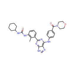 Cc1c(NC(=O)NC2CCCCC2)cccc1-c1nc(Nc2ccc(C(=O)N3CCOCC3)cc2)c2nc[nH]c2n1 ZINC000169341185