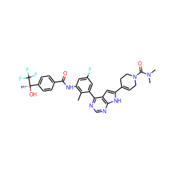 Cc1c(NC(=O)c2ccc([C@@](C)(O)C(F)(F)F)cc2)cc(F)cc1-c1ncnc2[nH]c(C3=CCN(C(=O)N(C)C)CC3)cc12 ZINC000142938608