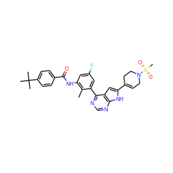 Cc1c(NC(=O)c2ccc(C(C)(C)C)cc2)cc(F)cc1-c1ncnc2[nH]c(C3=CCN(S(C)(=O)=O)CC3)cc12 ZINC000142928495