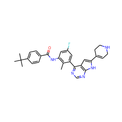 Cc1c(NC(=O)c2ccc(C(C)(C)C)cc2)cc(F)cc1-c1ncnc2[nH]c(C3=CCNCC3)cc12 ZINC000142979648