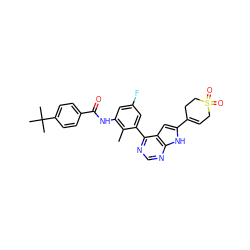 Cc1c(NC(=O)c2ccc(C(C)(C)C)cc2)cc(F)cc1-c1ncnc2[nH]c(C3=CCS(=O)(=O)CC3)cc12 ZINC000142886021