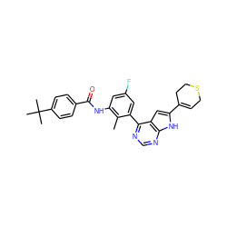 Cc1c(NC(=O)c2ccc(C(C)(C)C)cc2)cc(F)cc1-c1ncnc2[nH]c(C3=CCSCC3)cc12 ZINC000142883178