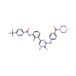 Cc1c(NC(=O)c2ccc(C(C)(C)C)nc2)cccc1-c1cn(C)c(=O)c(Nc2ccc(C(=O)N3CCOCC3)cc2)n1 ZINC000070718727