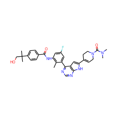 Cc1c(NC(=O)c2ccc(C(C)(C)CO)cc2)cc(F)cc1-c1ncnc2[nH]c(C3=CCN(C(=O)N(C)C)CC3)cc12 ZINC000142964564