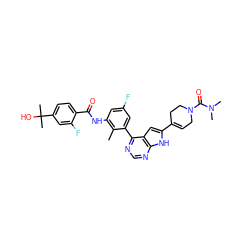 Cc1c(NC(=O)c2ccc(C(C)(C)O)cc2F)cc(F)cc1-c1ncnc2[nH]c(C3=CCN(C(=O)N(C)C)CC3)cc12 ZINC000143190442