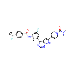 Cc1c(NC(=O)c2ccc(C3(F)CC3)cc2)cc(F)cc1-c1ncnc2[nH]c(C3=CCN(C(=O)N(C)C)CC3)cc12 ZINC000142983358