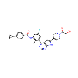 Cc1c(NC(=O)c2ccc(C3CC3)cc2)cc(F)cc1-c1ncnc2[nH]c(C3=CCN(C(=O)CO)CC3)cc12 ZINC000143201293