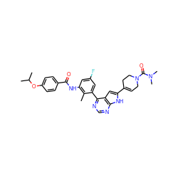 Cc1c(NC(=O)c2ccc(OC(C)C)cc2)cc(F)cc1-c1ncnc2[nH]c(C3=CCN(C(=O)N(C)C)CC3)cc12 ZINC000142957747