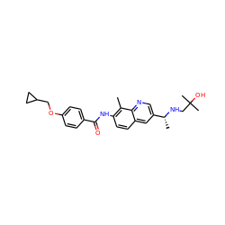 Cc1c(NC(=O)c2ccc(OCC3CC3)cc2)ccc2cc([C@@H](C)NCC(C)(C)O)cnc12 ZINC000084671954