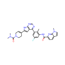 Cc1c(NC(=O)c2ccc3ccn(C)c3n2)cc(F)cc1-c1ncnc2[nH]c(C3=CCN(C(=O)N(C)C)CC3)cc12 ZINC000143187165