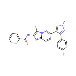 Cc1c(NC(=O)c2ccccc2)nc2ccc(-c3cn(C)nc3-c3ccc(F)cc3)nn12 ZINC000220873754