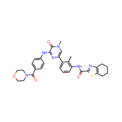 Cc1c(NC(=O)c2nc3c(s2)CCCC3)cccc1-c1cn(C)c(=O)c(Nc2ccc(C(=O)N3CCOCC3)cc2)n1 ZINC000299871460