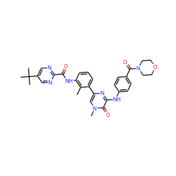 Cc1c(NC(=O)c2ncc(C(C)(C)C)cn2)cccc1-c1cn(C)c(=O)c(Nc2ccc(C(=O)N3CCOCC3)cc2)n1 ZINC000115155264