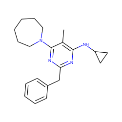 Cc1c(NC2CC2)nc(Cc2ccccc2)nc1N1CCCCCC1 ZINC000034802291