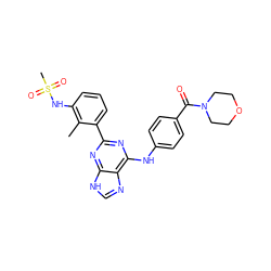 Cc1c(NS(C)(=O)=O)cccc1-c1nc(Nc2ccc(C(=O)N3CCOCC3)cc2)c2nc[nH]c2n1 ZINC000169341187