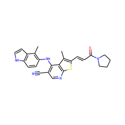 Cc1c(Nc2c(C#N)cnc3sc(/C=C/C(=O)N4CCCC4)c(C)c23)ccc2[nH]ccc12 ZINC000040411165