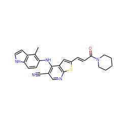 Cc1c(Nc2c(C#N)cnc3sc(/C=C/C(=O)N4CCCCC4)cc23)ccc2[nH]ccc12 ZINC000040405483