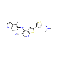 Cc1c(Nc2c(C#N)cnc3sc(-c4csc(CN(C)C)c4)cc23)ccc2[nH]ccc12 ZINC000040934290