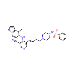 Cc1c(Nc2c(C#N)cncc2/C=C/CCN2CCC(NS(=O)(=O)c3ccccc3)CC2)ccc2[nH]ccc12 ZINC000049767506