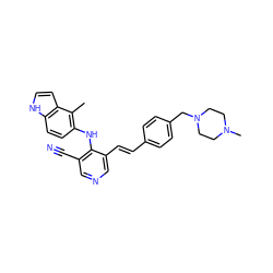 Cc1c(Nc2c(C#N)cncc2/C=C/c2ccc(CN3CCN(C)CC3)cc2)ccc2[nH]ccc12 ZINC000049089396