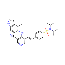 Cc1c(Nc2c(C#N)cncc2/C=C/c2ccc(S(=O)(=O)N(C(C)C)C(C)C)cc2)ccc2[nH]ccc12 ZINC000049111049