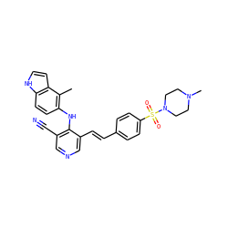 Cc1c(Nc2c(C#N)cncc2/C=C/c2ccc(S(=O)(=O)N3CCN(C)CC3)cc2)ccc2[nH]ccc12 ZINC000049021458