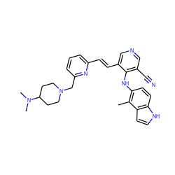 Cc1c(Nc2c(C#N)cncc2/C=C/c2cccc(CN3CCC(N(C)C)CC3)n2)ccc2[nH]ccc12 ZINC000049090081