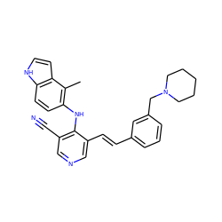 Cc1c(Nc2c(C#N)cncc2/C=C/c2cccc(CN3CCCCC3)c2)ccc2[nH]ccc12 ZINC000049109372