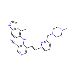 Cc1c(Nc2c(C#N)cncc2/C=C/c2cccc(CN3CCN(C)CC3)n2)ccc2[nH]ccc12 ZINC000049035021