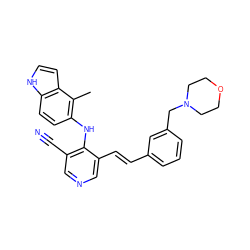 Cc1c(Nc2c(C#N)cncc2/C=C/c2cccc(CN3CCOCC3)c2)ccc2[nH]ccc12 ZINC000049054824