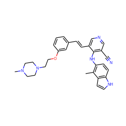 Cc1c(Nc2c(C#N)cncc2/C=C/c2cccc(OCCN3CCN(C)CC3)c2)ccc2[nH]ccc12 ZINC000045244917