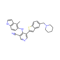 Cc1c(Nc2c(C#N)cncc2-c2cc3cc(CN4CCCCC4)ccc3s2)ccc2[nH]ccc12 ZINC000045256196