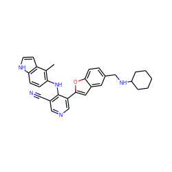 Cc1c(Nc2c(C#N)cncc2-c2cc3cc(CNC4CCCCC4)ccc3o2)ccc2[nH]ccc12 ZINC000045259615