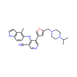 Cc1c(Nc2c(C#N)cncc2-c2coc(CN3CCN(C(C)C)CC3)c2)ccc2[nH]ccc12 ZINC000045261732